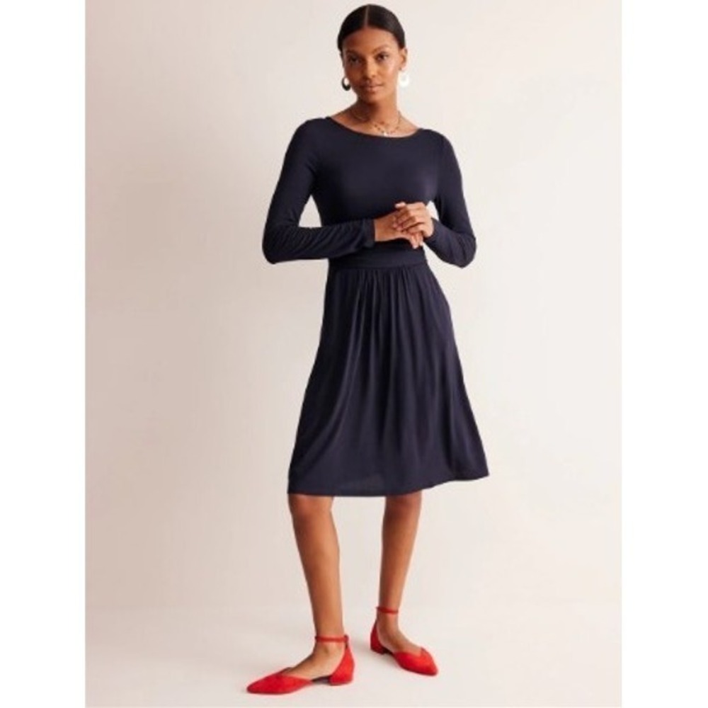 Boden Amelie Midi Dress Womens 12R Navy‎ Jersey Ruched Waist Pockets Stretch